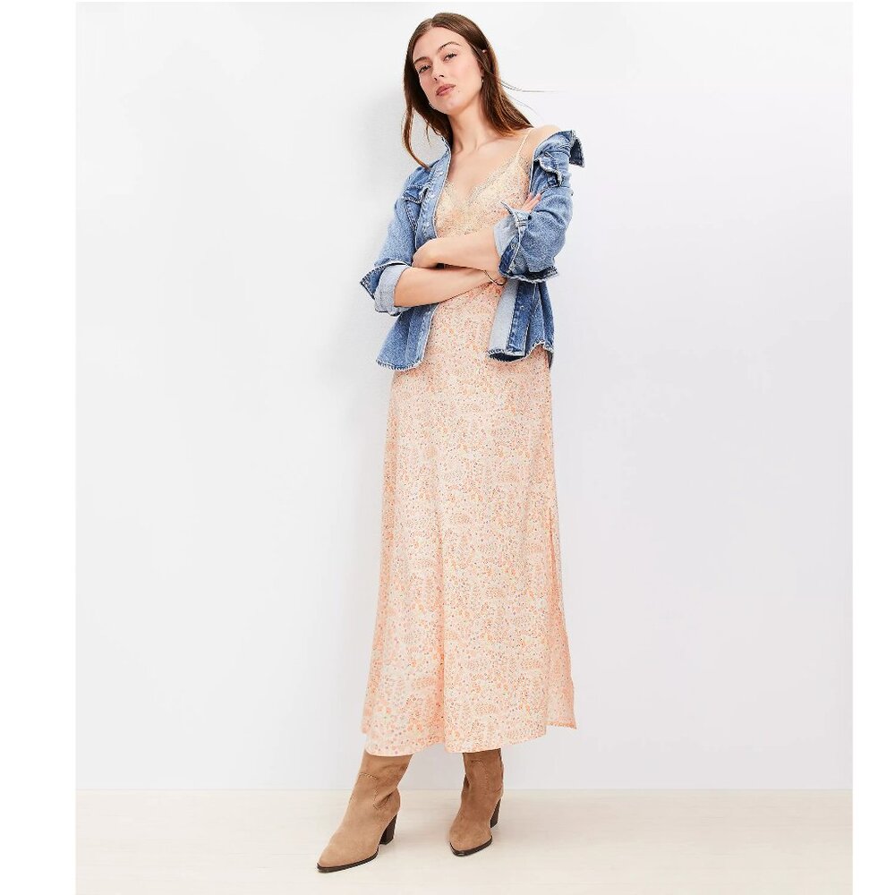 Loft Paisley Lace Trim Midi Slip Dress